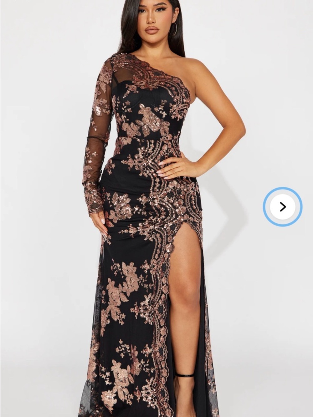 Elegant One-Shoulder Black and Rose Gold Sequin Gown